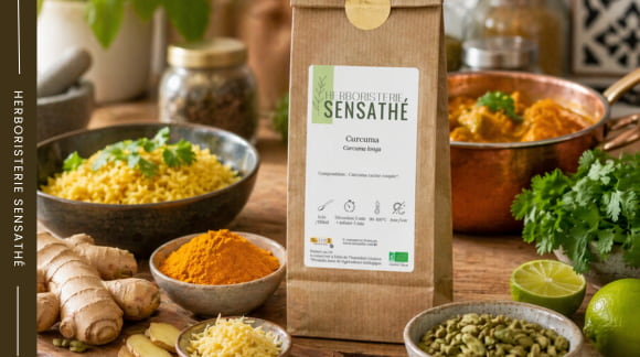 Épices Zingibéracées utilisées en cuisine avec curcuma gingembre et cardamome - Herboristerie Sensathé Épices Zingibéracées utilisées en cuisine avec curcuma gingembre et cardamome - Herboristerie Sensathé
